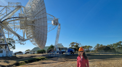 Anna Riddell Supervising maintenance of the 26 m radio telescope at the Mt Pleasant Observatory, Hobart. Credit: Lucia McCallum, University of Tasmania