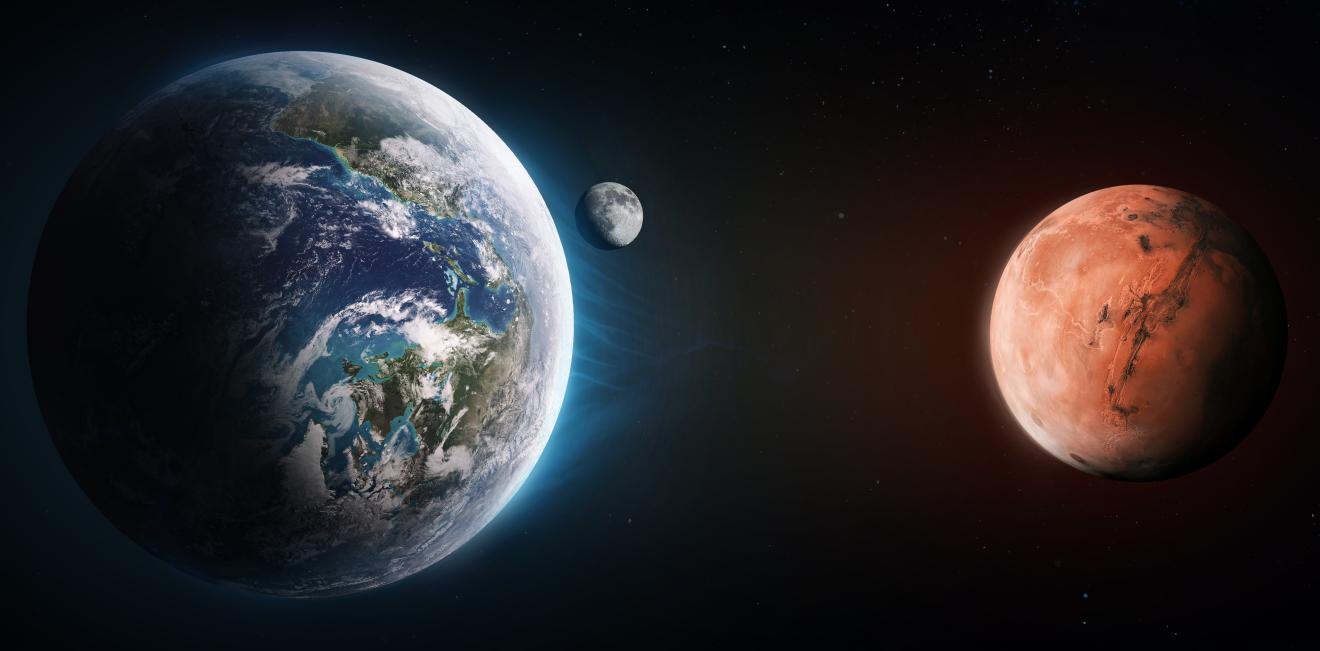A view of earth from space with Mars in the backdrop