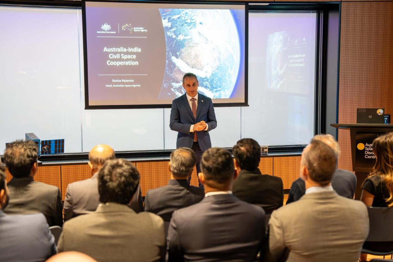 Head of the Australian Space Agency Enrico Palermo speaking to an Indian delegation during their visit to the Agency's headquarters in September 2014