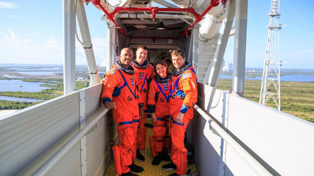 Artemis II NASA astronauts Reid Wiseman, Victor Glover, and Christina Koch, and CSA (Canadian Space Agency) astronaut Jeremy Hansen at the at Kennedy Space Center in Florida, US.