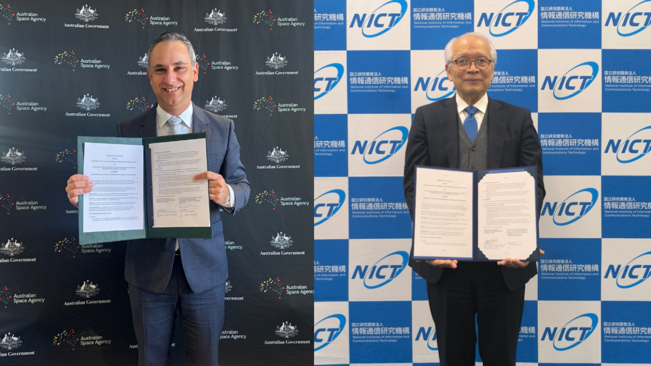 Head of the Australian Space Agency Enrico Palermo (left) and Japan's NICT President Hideyuki Tokuda (right)