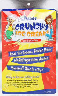 Professors Crunchy Ice Cream. Vanilla Favoured. Real Ice Cream Freeze dried. Does not need refrigeration. 