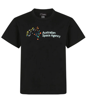 Black T shirt with words 'Australian Space Agency'  and aboriginal dot art outline of australian map.