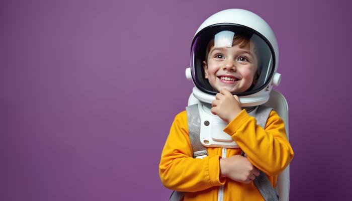 A graphic representing a young boy in an astronaut outfit.