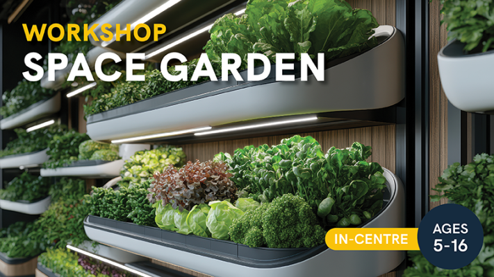    This is a digital poster for the Australian Space Discovery Centre's upcoming online event titled Space Garden. The recommended ages for this event are from 5 to 16 years.