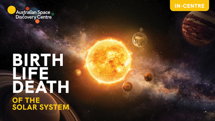 Digital poster of an in-centre event reading 'Birth, life, death of the solar system. The graphic is an illustration of the sun.