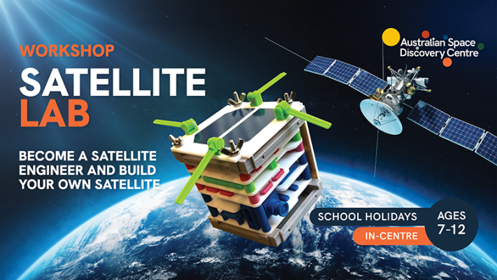 Digital poster reading workshop satellite lab for ages 7-12. The graphic is an illustration of a satellite in orbit above Earth.