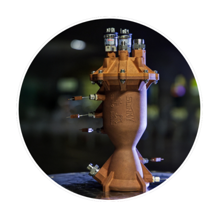 Assembled rocket engine, Slinky. The injector at top and combustion chamber at bottom. Credit CSIRO