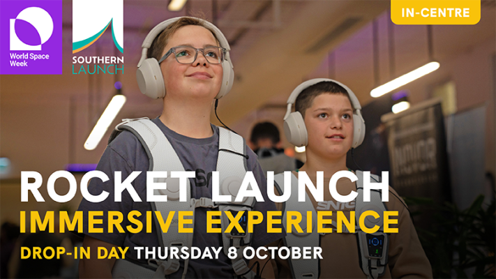 Digital poster reading Rocket launch immersive experience with two young space enthusiasts. This event will be held on Thursday 8 October.