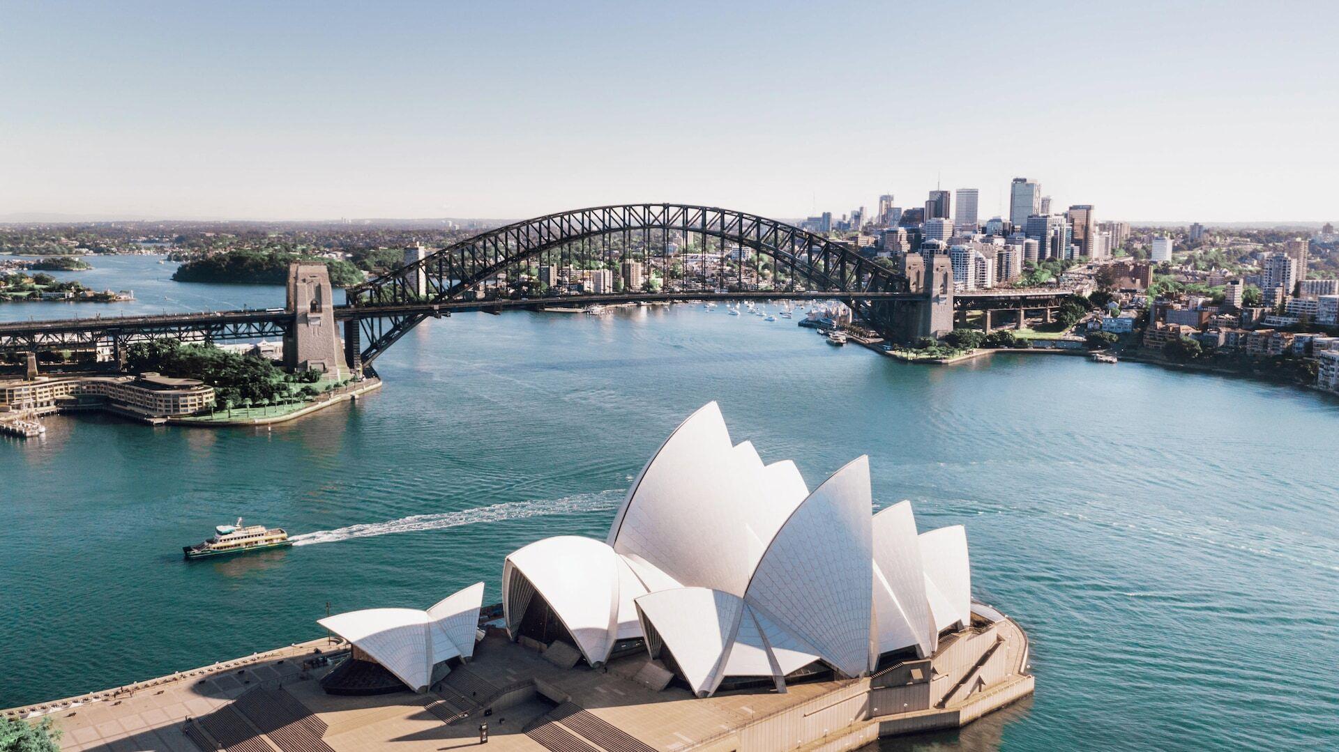 View of Sydney harbour bridge and opera house from above
