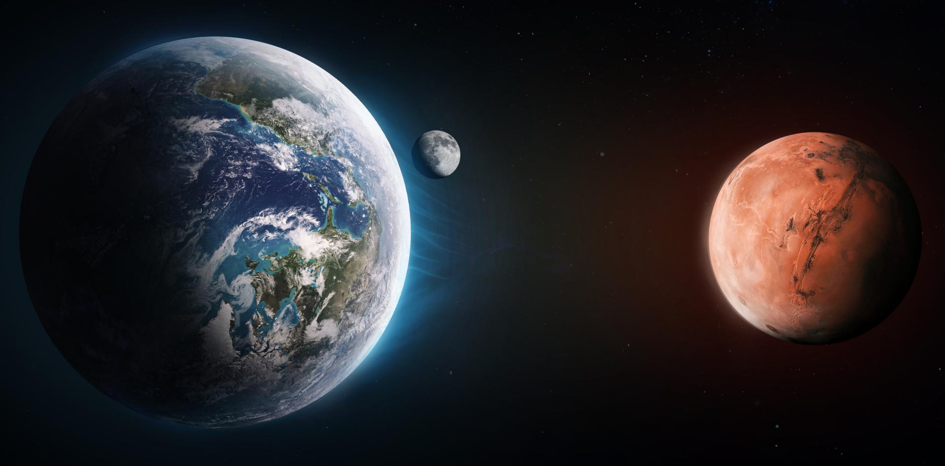 A view of earth from space with Mars in the backdrop