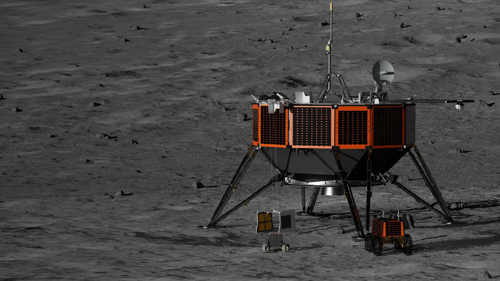 A rendering of the Intuitive Machines larger cargo class (Nova-D) lunar lander with the Australian Space Agency’s Roo-ver lunar rover (lower left).