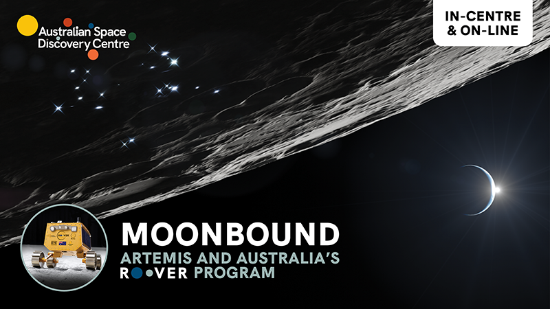 Digital poster of an event titled Moonbound with the crest of the lunar surface in the backdrop