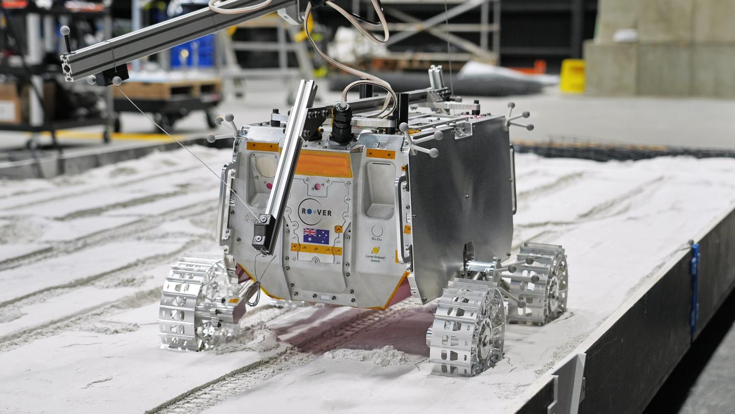 a new Roo-ver prototype that is Developed by the ELO2 consortium in partnership with the Australian Space Agency is being tested at Adelaide University's EXTERRES CRATER Facility