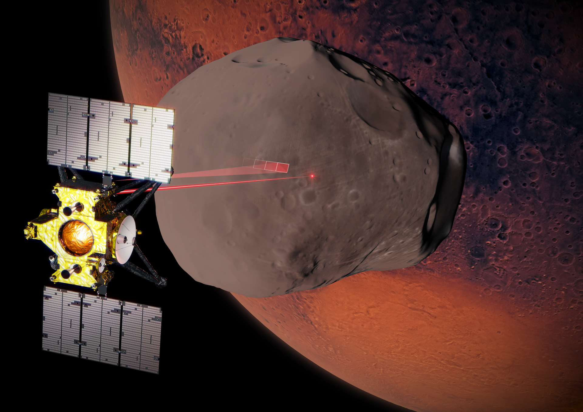 artist impression shows MMX studying Phobos from a distance of 70 km.