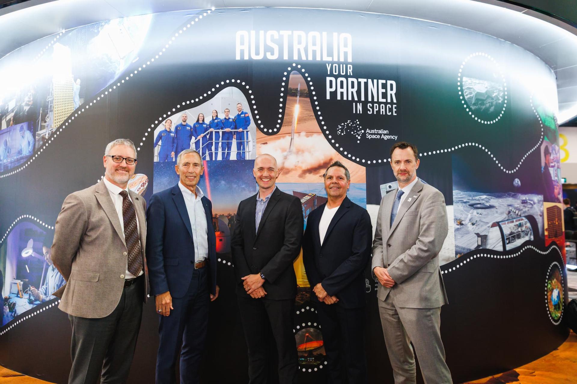 Left to right: Chris Hewitt from the Australian Government, Larry James from SmartSat CRC, Chris Lawrence from Monash University, Hugh Mortimer from STFC and Dr Paul Bate, former head of the UK Space Agency 