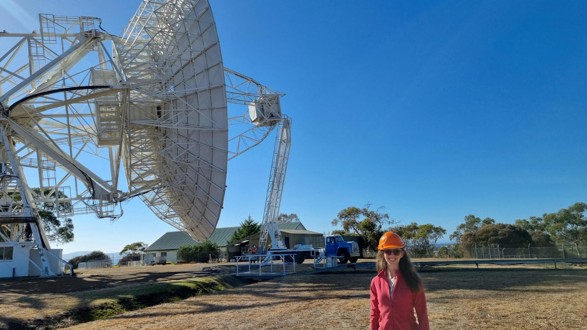 Anna Riddell Supervising maintenance of the 26 m radio telescope at the Mt Pleasant Observatory, Hobart. Credit: Lucia McCallum, University of Tasmania